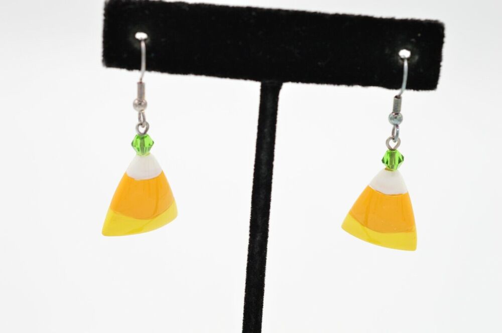 Vintage Halloween Candy Corn Earrings Drop Dangle Enamel Green Crystal 90s BinQ